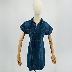 Free People Button Down Blue Denim Short Sleeve Mini Dress + Pockets Size XS